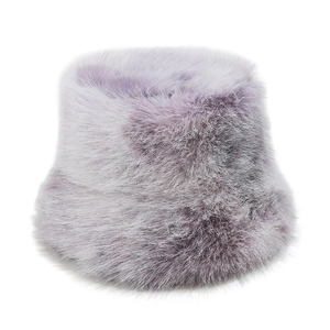 Detail of soft lavender faux fur bucket hat showing thick plush texture and pastel color