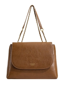 Brown faux leather chain shoulder bag with minimalist flap design and gold hardware