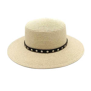 Chapeau Canotier Paille Plat Femmes Protection Solaire Été Plage Rétro Rivet Bande Cuir Décoratif