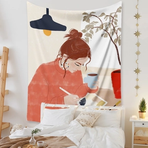 Detail of bohemian tapestry featuring a woman painting with warm red and beige tones