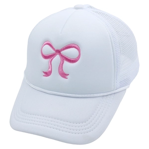 Close-up of pink bow embroidery on a white mesh trucker hat for women