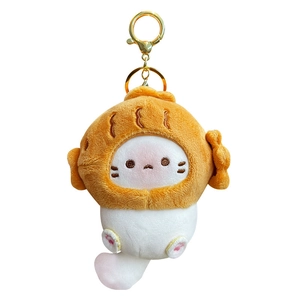Cute plush cat keychain with fried bread hat and golden hook for backpack decoration