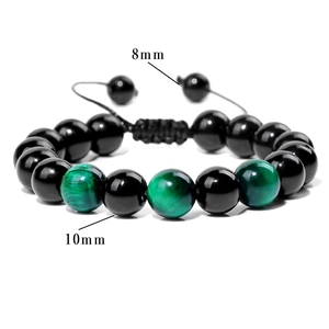 Handmade 10mm tiger eye and black glass beaded bracelet with adjustable woven rope cord