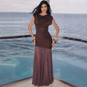 Women Sleeveless Maxi Dress Ruched Mesh Splicing High Waist Bodycon Sexy Evening Party Elegant Long Fashion Dress