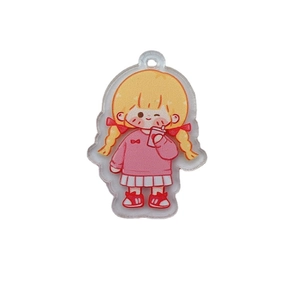 Cute blonde girl acrylic keychain in pink sweater and white skirt for backpacks