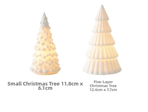 Detailed comparison of two sizes of ceramic LED Christmas trees with warm light
