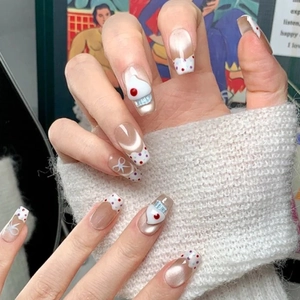 Sea Salt Cake Press On Nails 3D Cream Cat Eye Bow Red Dot Almond Shape Sweet Elegant Manicure For Women