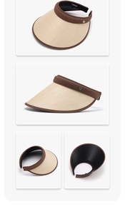 Detail view of beige straw sun visor with leather trim and internal sweatband details