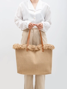 Bohemian Large Capacity Woven Canvas Tote Bag With Tassel Fringe PU Leather Handles For Women Vacation Daily Travel