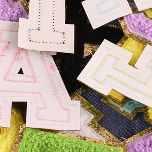 5.5cm chenille letter patches with gold glitter borders for bags and apparel decoration