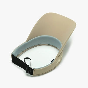 Beige open top running sun hat with breathable light blue lining and adjustable strap
