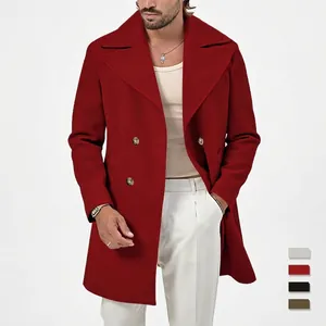 Men Double Breasted Pea Coat Mid Length Slim Fit Woolen Blend Lapel British Style Overcoat