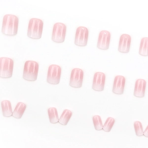 Pink and white gradient short square press-on nails with a glossy finish for women