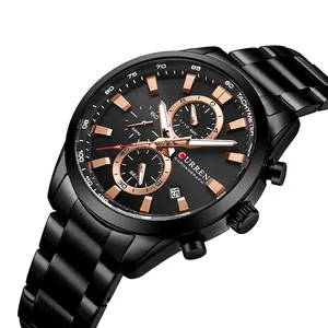 CURREN men's black stainless steel chronograph watch with rose gold indices and date