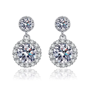 Elegant silver round halo drop earrings with sparkling zircon stones on a white background