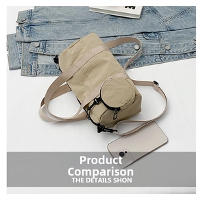 Flat lay of khaki cylinder crossbody bag with round coin purse and woven strap details