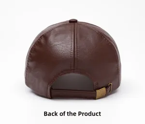 Back view of dark brown PU leather baseball cap with metal adjustable strap buckle