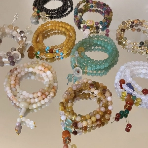 Vintage New Chinese Style Multi Loop Wrap Bracelet Necklace With Lily Of The Valley Charm Artificial Crystal Stone Wood