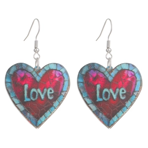 Detail of heart-shaped drop earrings with colorful enamel love graffiti and silver hooks