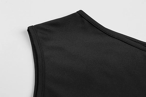 Close-up of black sleeveless dress shoulder with reinforced double-needle stitching