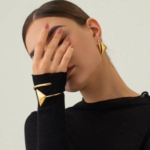 Polished 18k gold stainless steel triangle earrings and open cuff bracelet for women