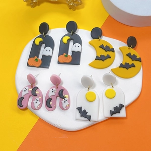 Halloween polymer clay earring set featuring spooky pumpkin ghost bat and moon designs