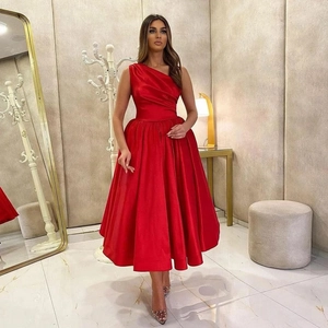 One Shoulder Satin Evening Dress Pleated Midi A-Line Gown For Elegant Party Banquet Prom Wedding Guest Attire Formal Occasion