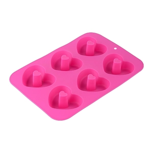 Pink 6-cavity heart shaped silicone donut mold for baking and chocolate making