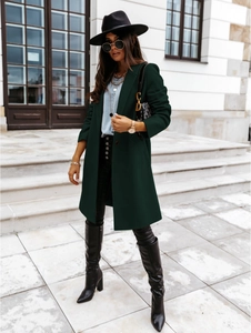 Deep green mid-length wool coat with a classic lapel collar and button detailing