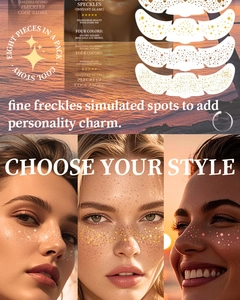 Detail of 8-piece freckle tattoo set in gold, silver, rose gold and brown for party makeup