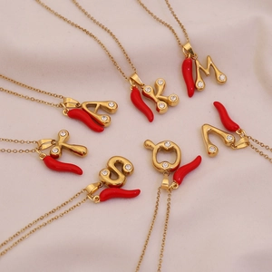 Stainless Steel Initial Necklace With Red Chili Pepper Pendant Gold Plated Rhinestone Alphabet Clavicle Chain For Women