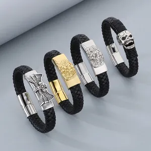 Men Braided Leather Bracelet Stainless Steel Lion Head Skull Cross Charms Magnetic Clasp Punk Gothic Jewelry