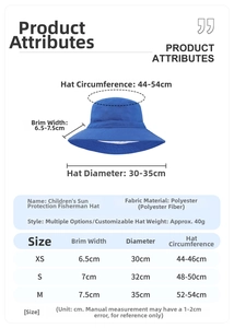 Size chart for kids outdoor sun hat showing brim width and head circumference data