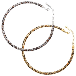 Close-up of 6mm leopard print snake bone necklaces in gold and silver with lobster clasp