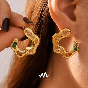 C Shape Stud Earrings Stainless Steel Colorful Zircon Irregular Wavy Luxury Retro Gold Plated Fashion Jewelry