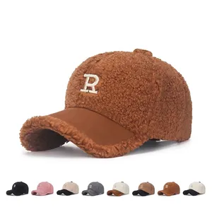 Teddy Fleece Baseball Cap Women Winter Warm R Letter Embroidery Adjustable Sherpa Fleece Hat Casual Streetwear