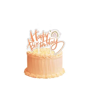 Orange Happy Birthday cake topper with minimalist rainbow design for party decor