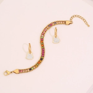 Gold-plated stainless steel jewelry set with colorful crystals and heart pendants