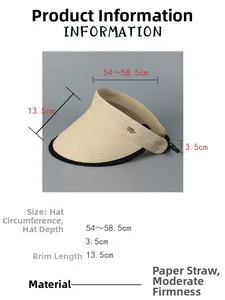 Detailed view of straw sun visor with dimensions: 13.5cm brim and 54-58.5cm circumference