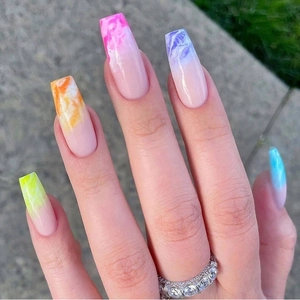 Long Coffin Press On Nails Rainbow Marble Gradient Ink Texture French Style Glossy Full Cover Artificial False Nails