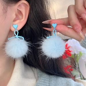 Blue bow heart plush ball earrings for women featuring light blue faux fur and alloy studs