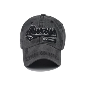 Vintage washed dark gray cotton baseball cap with 3D Always '75 New York embroidery