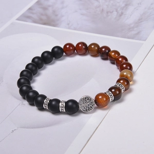 Tiger eye and volcanic stone bead bracelet with a silver tree of life charm for unisex