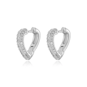 Elegant silver heart hoop earrings with sparkling pave zircon stones on white background