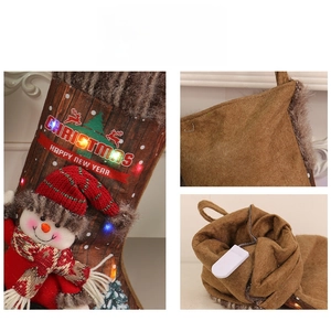 Detail of Christmas stocking with LED lights, 3D snowman, and internal battery box switch