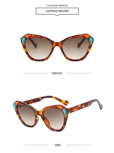 Detailed front and side views of leopard brown cat-eye sunglasses with large frames