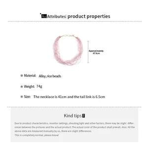 Detail view of multi-layer pink rice bead necklace with alloy clasp and dimensions