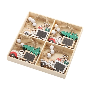 Christmas wooden car and tree ornaments set in a decorative wooden box with four sections