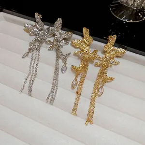 Butterfly Tassel Long Drop Earrings Alloy Rhinestone With 925 Sterling Silver Earring Post Chic Luxury Women Jewelry