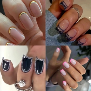 Press On Nails French Style Short Square Fake Nails ABS Artificial Glossy Glitter Simple Full Cover Manicure For Women